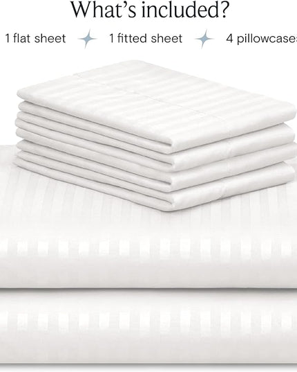 LuxClub 6 PC Cal King Size Sheet Set Bed Sheets, Breathable Luxury Bed Sheets, Deep Pockets 18" Wrinkle Free Cooling Bed Sheets Machine Washable Hotel Bedding (Cal King, Striped White) - LeafyLoom