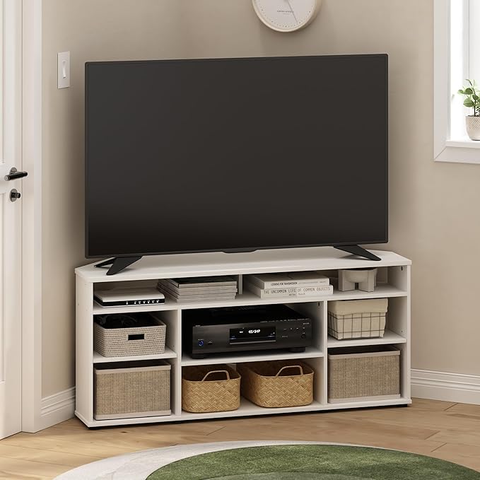 Furinno Jensen Entertainment Center, 55 Inch TV Size, White - LeafyLoom