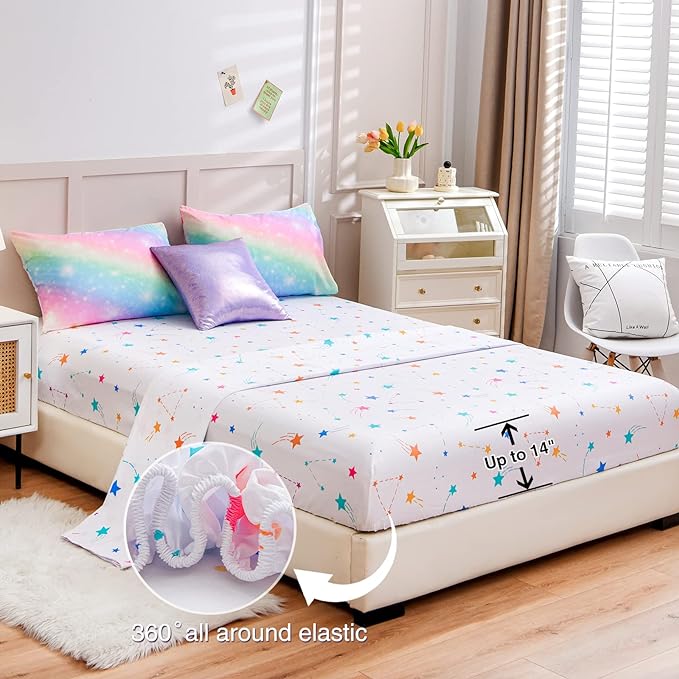 A Nice Night 6Pcs Gradient Glitter Bedding Set for Girls, Colorful Rainbow Galaxy Comforter Set, Ultra Soft Bedding Sets (Pink,Queen 6Pcs) - LeafyLoom