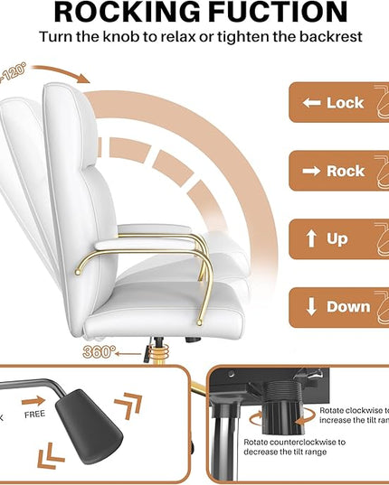 White and Gold Office Chair, High Back office Chair for Women, Modern Desk Chair Comfy with Arms, Leather Executive office Chair with Wheels - LeafyLoom