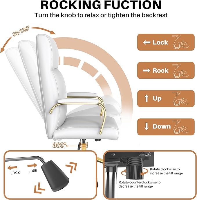 White and Gold Office Chair, High Back office Chair for Women, Modern Desk Chair Comfy with Arms, Leather Executive office Chair with Wheels - LeafyLoom