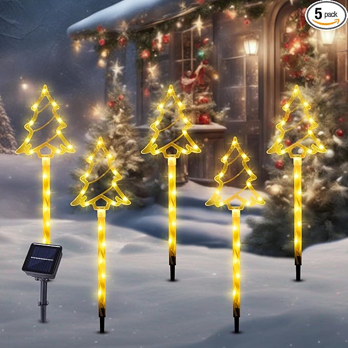 Solar Christmas Pathway Lights Outdoor Decorations, 8 Modes Xmas Tree Candy Lights Waterproof Led Garden Stake Lights for Walkway Yard Lawn Porch Holiday Decor 5-Pack (Warm White Xmas Tree Lights) BRIGHTDECK