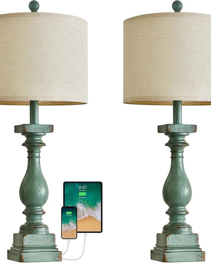 BOBOMOMO 27" Farmhouse Table Lamp Set of 2 with USB A+C for Bedroom Living Room Vintage Rustic Traditional Nightstand Bedside Lamps Retro Side Table Lamps (Green) - LeafyLoom