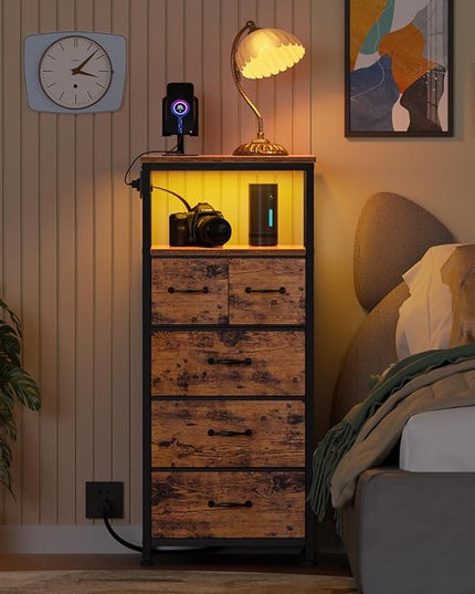 Furnulem Tall LED Dresser with Charging Station, Vertical Storage Tower Unit with Wood Shelf, 5 Drawer Nightstand for Bedroom, Living Room, Hallway, Fabric Bins, Bedside Table Furniture(Rustic Brown) - LeafyLoom
