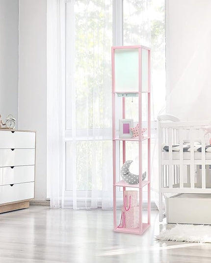 Simple Designs LF1037-LPK Floor Lamp Etagere Organizer Storage Shelf with 2 USB Charging Ports, 1 Charging Outlet and Linen Shade, Light Pink - LeafyLoom