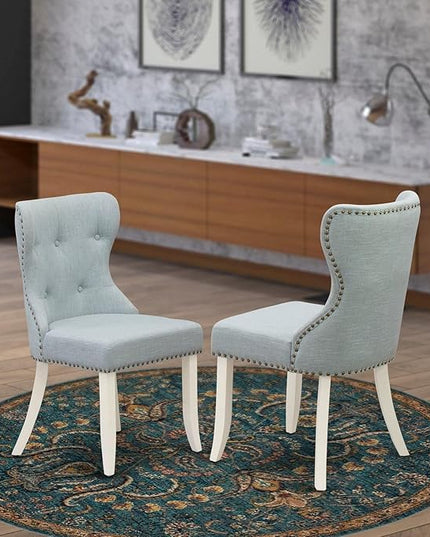 East West Furniture SIP2T15 Sion Parson Kitchen Button Tufted Nailhead Trim Baby Blue Fabric Upholstered Dining Chairs, Set of 2, Linen White - LeafyLoom