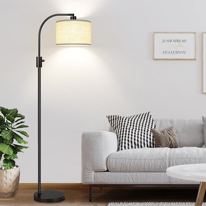 【Upgraded】 Dimmable Floor Lamp, 1200 Lumens LED Edison Bulb Included, Arc Floor Lamps for Living Room Modern Standing Lamp with Linen Shade, Black Tall Lamp for Living Room Bedroom Office Dining Room - LeafyLoom