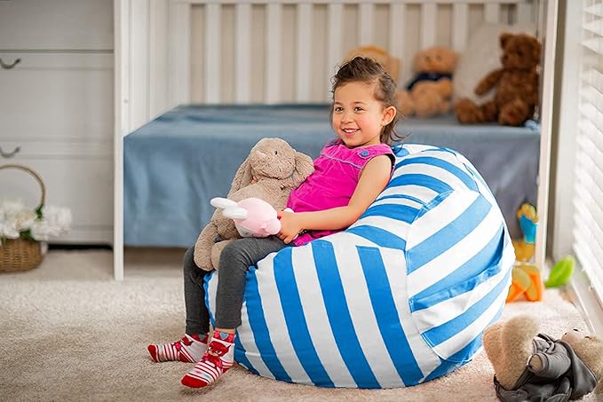 Wekapo Stuffed Animal Storage Bean Bag Chair Cover for Kids | Stuffable Zipper Beanbag for Organizing Children Plush Toys Large Premium Cotton Canvas (Blue, XX-Large) - LeafyLoom