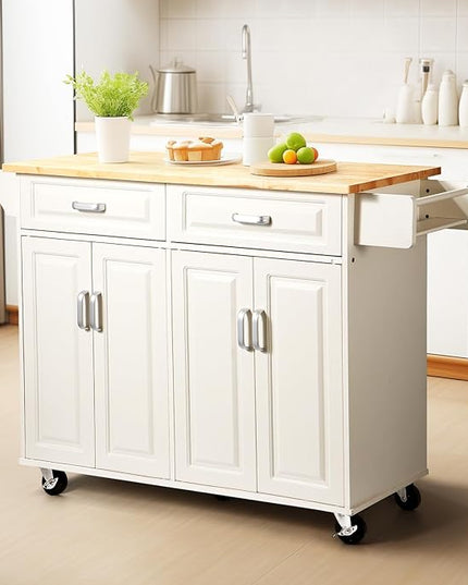 54“ Large Kitchen Island with Storage, Kitchen Cart on Wheels with 2 Large Drawers, Adjustable Shelf Inside Cabinet, Spice Rack & Towel Rack, Simple Design Rolling Island Table for Kitchen - LeafyLoom