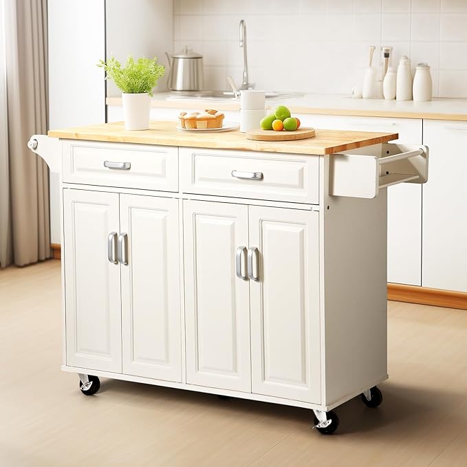 54“ Large Kitchen Island with Storage, Kitchen Cart on Wheels with 2 Large Drawers, Adjustable Shelf Inside Cabinet, Spice Rack & Towel Rack, Simple Design Rolling Island Table for Kitchen - LeafyLoom