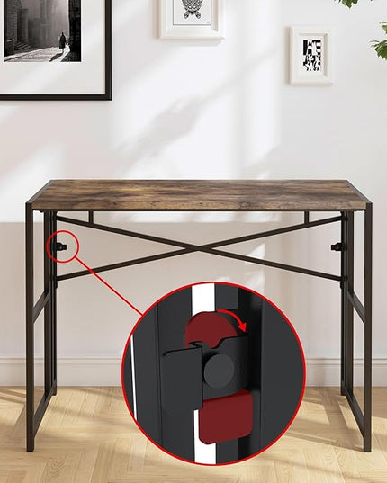 Folding Small Computer Desk, Foldable Space-Saving Home Office Table, Simple Study Writing Gaming Workstation for Small Space, No Assembly Needed, Rustic Brown - LeafyLoom