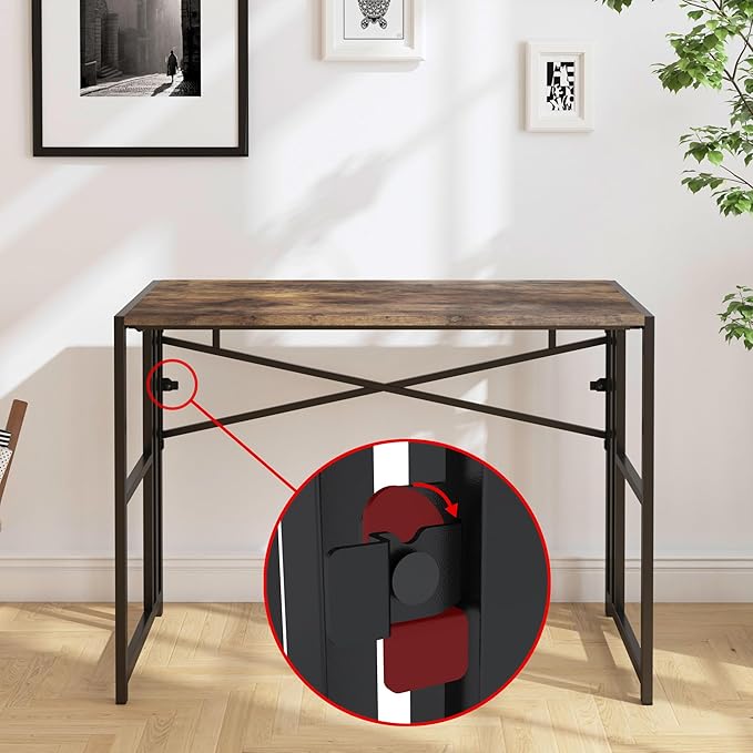 Folding Small Computer Desk, Foldable Space-Saving Home Office Table, Simple Study Writing Gaming Workstation for Small Space, No Assembly Needed, Rustic Brown - LeafyLoom