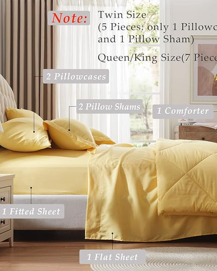 NexHome Yellow King Bed in a Bag 7-Pieces Comforter Sets with Comforter and Sheets Soft All Season Bedding Sets with Comforter, Pillow Shams, Flat Sheet, Fitted Sheet and Pillowcases - LeafyLoom