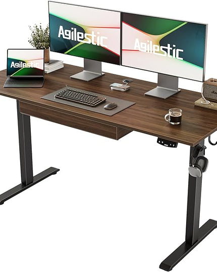 Adjustable Height Electric Standing Desk with Storage Wooden Drawer, 55 x 24 Inches Stand Up Home Office Computer Gaming Table with Splice Board for Work Office Home, Dark Walnut - LeafyLoom
