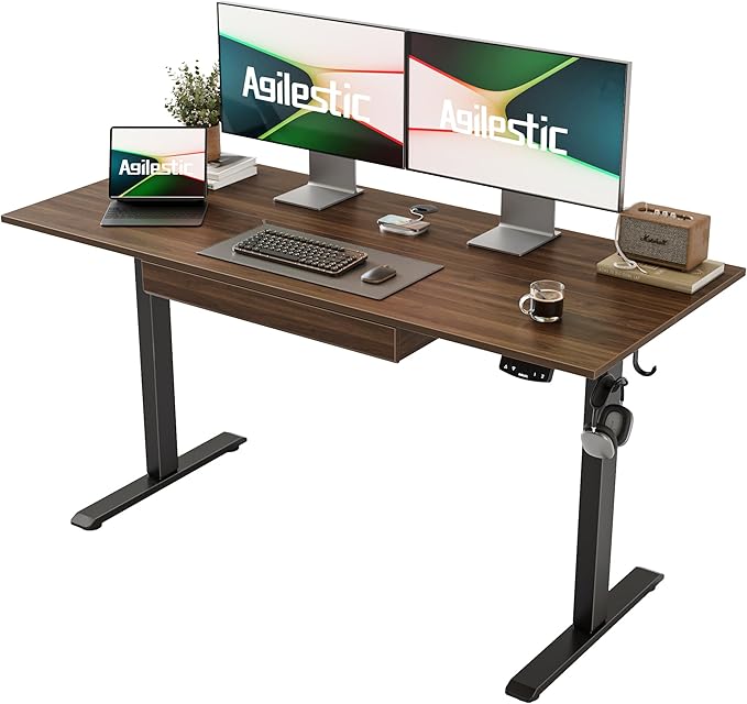 Adjustable Height Electric Standing Desk with Storage Wooden Drawer, 55 x 24 Inches Stand Up Home Office Computer Gaming Table with Splice Board for Work Office Home, Dark Walnut - LeafyLoom