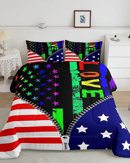 Erosebridal American Flag Comforter Set Rainbow Pride Bedding Set Queen Size for Kids Boys Teens Bedroom,USA Federations Stars Stripes Down Comforter Unique Zipper Design Quilted Duvet, Colorful - LeafyLoom