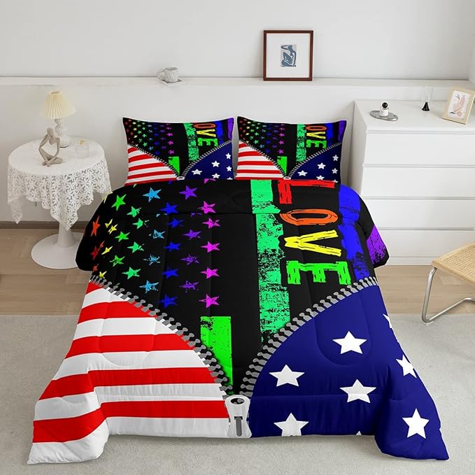 Erosebridal American Flag Comforter Set Rainbow Pride Bedding Set Queen Size for Kids Boys Teens Bedroom,USA Federations Stars Stripes Down Comforter Unique Zipper Design Quilted Duvet, Colorful - LeafyLoom