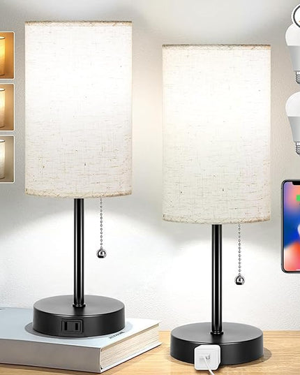 Small Table Lamp for Bedroom Set of 2 - Bedside Table lamps for Nightstand, 3 Color Temperatures Side Table Lamp with AC Outlet 2PK Black(2 Blubs Included). - LeafyLoom