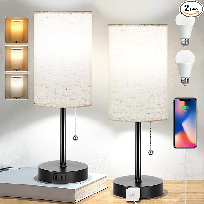 Small Table Lamp for Bedroom Set of 2 - Bedside Table lamps for Nightstand, 3 Color Temperatures Side Table Lamp with AC Outlet 2PK Black(2 Blubs Included). - LeafyLoom