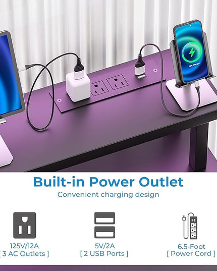 GreenForest Computer Desk with Drawers 47 inch,Gaming Desk with LED Lights & Power Outlets Small Desk with Monitor Stand and Reversible Shelf,Black - LeafyLoom