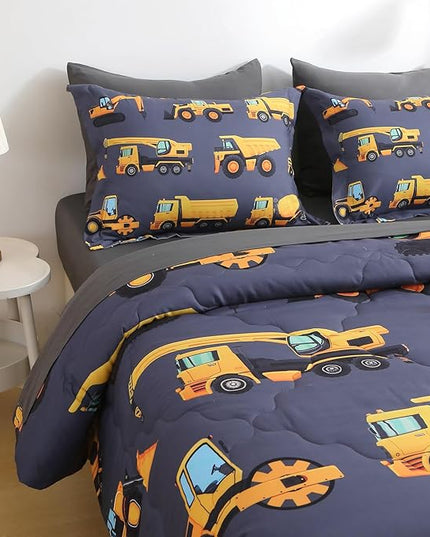 Wajade 7 Piece Construction Truck Kids Comforter Set for Boys Twin Size 3D Vehicles Excavator Cars Bedding Set for Kids Teens(1 Comforter, 1 Flat Sheet, 1 Fitted Sheet, 2 Pillowcase and 2 Pillow Sham) - LeafyLoom