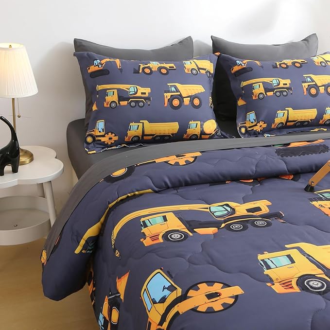 Wajade 7 Piece Construction Truck Kids Comforter Set for Boys Twin Size 3D Vehicles Excavator Cars Bedding Set for Kids Teens(1 Comforter, 1 Flat Sheet, 1 Fitted Sheet, 2 Pillowcase and 2 Pillow Sham) - LeafyLoom