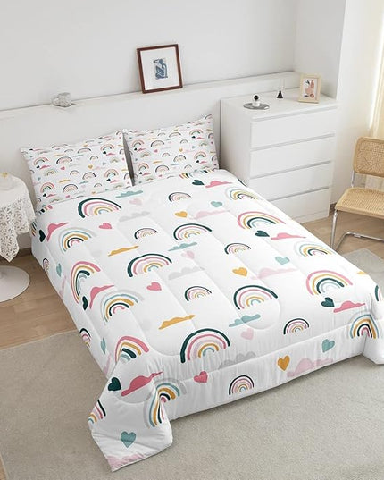 Erosebridal Kids Rainbow Bedding Set, Girly Love Heart Comforter Set Twin Size Cartoon Rainbow Cloud Duvet Sets for Girls Boys Women Bedroom Decor, Soft Microfiber Down Comforter 2 Pieces,Colorful - LeafyLoom
