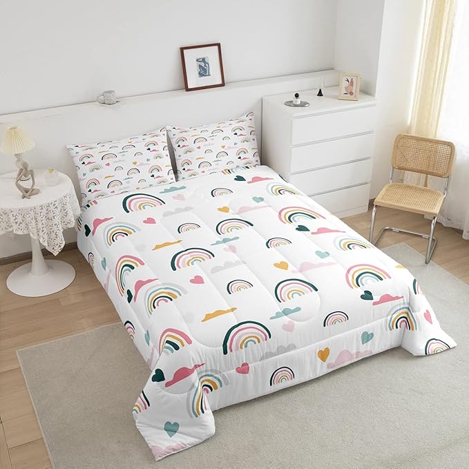 Erosebridal Kids Rainbow Bedding Set, Girly Love Heart Comforter Set Queen Size Cartoon Rainbow Cloud Duvet Sets for Girls Boys Women Bedroom Decor, Soft Microfiber Down Comforter 3 Pieces,Colorful - LeafyLoom