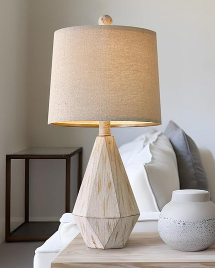 PoKat 20.25" Farmhouse Table Lamp for Nightstand, Vintage Bedside Lamps, Rustic Small Lamp, Modern Side Table Lamp for Living Bed Room Home with Linen Lampshade, White - LeafyLoom