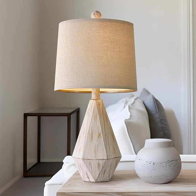 PoKat 20.25" Farmhouse Table Lamp for Nightstand, Vintage Bedside Lamps, Rustic Small Lamp, Modern Side Table Lamp for Living Bed Room Home with Linen Lampshade, White - LeafyLoom