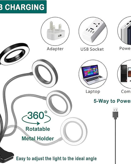 Foneso Desk Lamp Clip on Light, 48 LED USB Lamp with 3 Color Modes 10 Brightness Levels, 360° Flexible Gooseneck Eye Protection Bed Night Light for Reading, Makeup, Fill Light (Black) - LeafyLoom