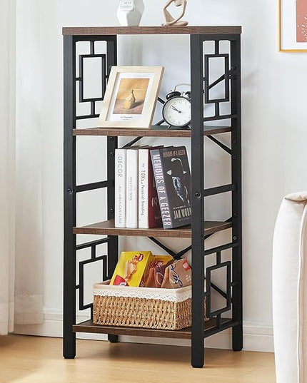 Bookshelf, Vintage Industrial 4 Tier Bookshelf, Freestanding Narrow Bookcase with Rustic Wood and Metal, Small Bookshelf for Home Office, Bedroom & Living Room, Retro Brown - LeafyLoom