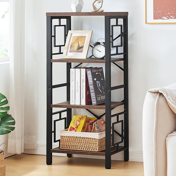 Bookshelf, Vintage Industrial 4 Tier Bookshelf, Freestanding Narrow Bookcase with Rustic Wood and Metal, Small Bookshelf for Home Office, Bedroom & Living Room, Retro Brown - LeafyLoom