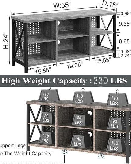 LVB Rustic Entertainment Center for 65 Inch TV, Industrial Wood TV Stand with Media Cabinet Storage, Farmhouse Metal Television Stands Console Table for Home Living Bedroom, Light Grey Oak, 55 Inch - LeafyLoom
