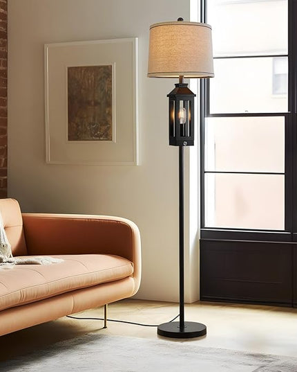63" Floor Lamps for Living Room Bedside Nightstand Lamp All Black Tall Standing Lamp for Home Decor Bedroom Reading Lamp Farmhouse Rustic Bed Lights with 2 Light Sources (2 Bulbs) - LeafyLoom