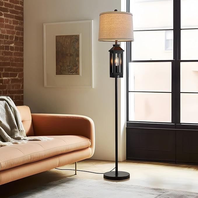 63" Floor Lamps for Living Room Bedside Nightstand Lamp All Black Tall Standing Lamp for Home Decor Bedroom Reading Lamp Farmhouse Rustic Bed Lights with 2 Light Sources (2 Bulbs) - LeafyLoom