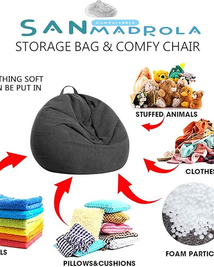 Stuffed Animal Storage Bean Bag Chair Cover (No Filler)for Kids and Adults. Premium Corduroy Stuffable Beanbag for Organizing Children Plush Toys or Memory Foam Extra Large 300L (Dark Grey) - LeafyLoom