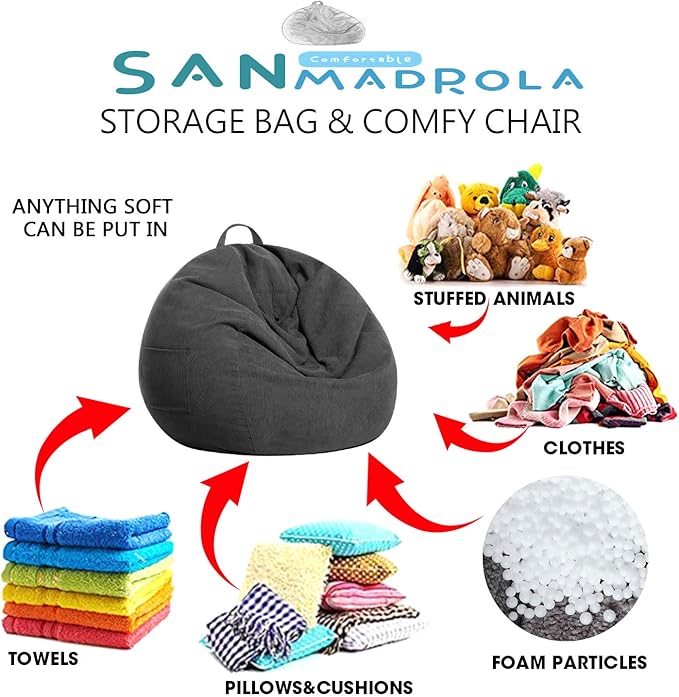 Stuffed Animal Storage Bean Bag Chair Cover (No Filler)for Kids and Adults. Premium Corduroy Stuffable Beanbag for Organizing Children Plush Toys or Memory Foam Extra Large 300L (Dark Grey) - LeafyLoom