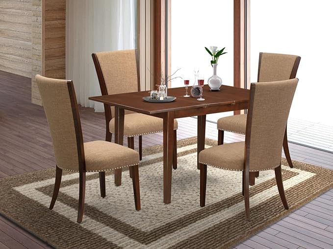 East West Furniture Norfolk 5 Piece Dining Set for 4 Includes a Rectangle Kitchen Table with Butterfly Leaf and 4 Light Sable Linen Fabric Parsons Chairs, 32x54 Inch, NFVE5-MAH-47 - LeafyLoom