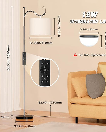 Dimmable Floor Lamp with Remote, Adjustable Floor Lamps for Reading, 12W LED Modern Standing Lamp Arched, Tall Floor Lamps for Living Room, Touch Control, 1200LM Super Bright - LeafyLoom