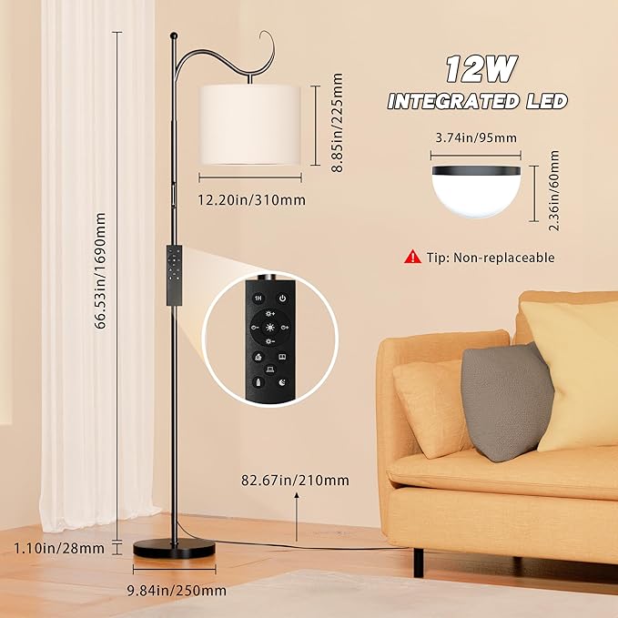 Dimmable Floor Lamp with Remote, Adjustable Floor Lamps for Reading, 12W LED Modern Standing Lamp Arched, Tall Floor Lamps for Living Room, Touch Control, 1200LM Super Bright - LeafyLoom