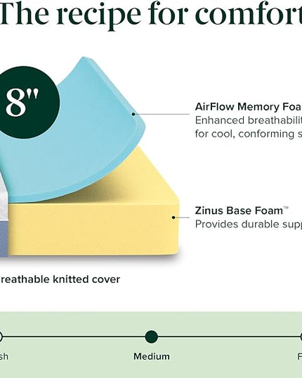 ZINUS 8 Inch Cooling Essential Memory Foam Mattress [New Version], Twin, Fiberglass Free, Medium Feel, Cooling Airflow Memory Foam, Certified Safe Foams & Fabric, Mattress in A Box - LeafyLoom