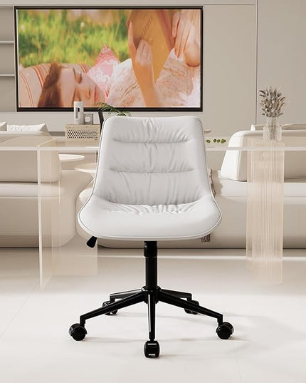 Kidol & Shellder Armless Office Chair Desk Chair Comfy Makeup Vanity Chair with Back Ergonomic Swivel Chair Home Office Desk Chairs with Wheels Rolling Computer Chair Bedroom Accent Chair(White) - LeafyLoom