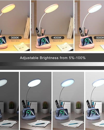 comzler LED Desk Lamp with Wireless Charger Pen Phone Holder, Blue Desk Lamp for Home Office, Dimmable Desk Light 3 Color Modes, College Dorm Study Lamp for College Dorm, CRI 90 800 Lumen - LeafyLoom