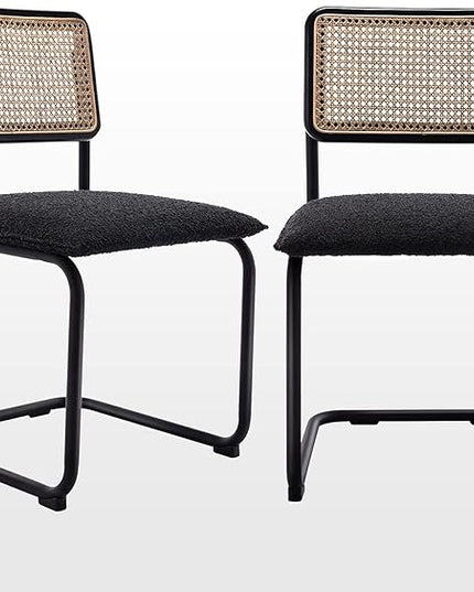Zesthouse Mid Century Modern Dining Chairs Set of 2, Upholstered Boucle Kitchen Chairs, Famous Breuer Designed Chairs, Armless Accent Chairs with Natural Cane Back & Stainless Chrome Base - LeafyLoom