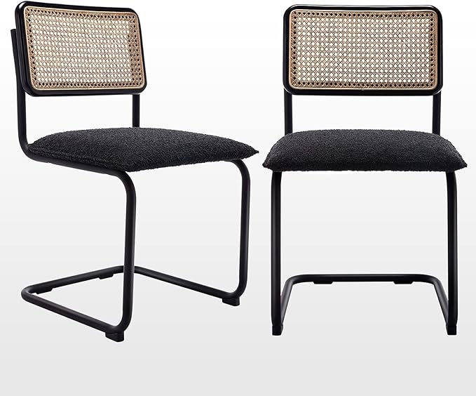 Zesthouse Mid Century Modern Dining Chairs Set of 2, Upholstered Boucle Kitchen Chairs, Famous Breuer Designed Chairs, Armless Accent Chairs with Natural Cane Back & Stainless Chrome Base - LeafyLoom