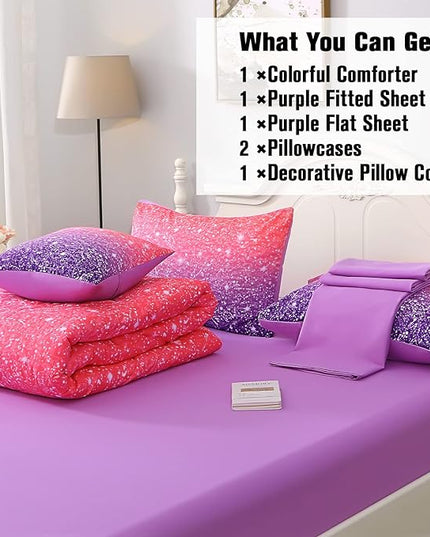 JQinHome Full Size Pink Purple Comforter Set, 6 Piece Bed in A Bag 3D Colorful Bedding Set for Girls Women - LeafyLoom