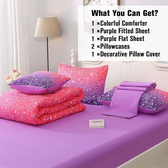 JQinHome Full Size Pink Purple Comforter Set, 6 Piece Bed in A Bag 3D Colorful Bedding Set for Girls Women - LeafyLoom