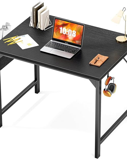 JHK Computer Small Desk Office 32 Inch Writing Work Kids Study Simple Wooden Table for Home Bedroom Modern Style with Headphone Hooks & Storage Bag, Black - LeafyLoom