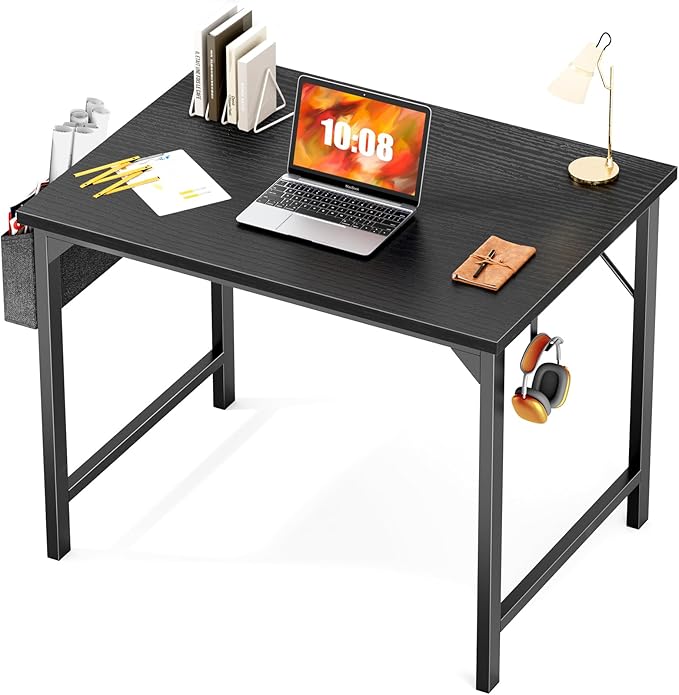 JHK Computer Small Desk Office 32 Inch Writing Work Kids Study Simple Wooden Table for Home Bedroom Modern Style with Headphone Hooks & Storage Bag, Black - LeafyLoom